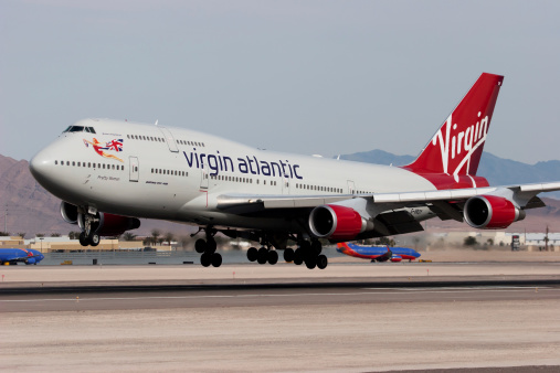 Las Vegas, Nevada, USA - January 23rd, 2008: A Virgin Atlantic Airways Boeing 747-443 approaches the runway for landing at Las Vegas - McCarran International Airport.