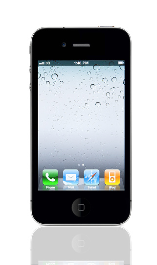 Izmir, Turkey - 23 November, 2011: Apple iPhone 4 Black have Phone, Mail, Safar and iPod menu options on white background. iPhone 4 one of the most wanted and powerful smartphone on the world wide. The Apple iPhone 4 was released in 2010 and replaced with iPhone 4s in 2011.