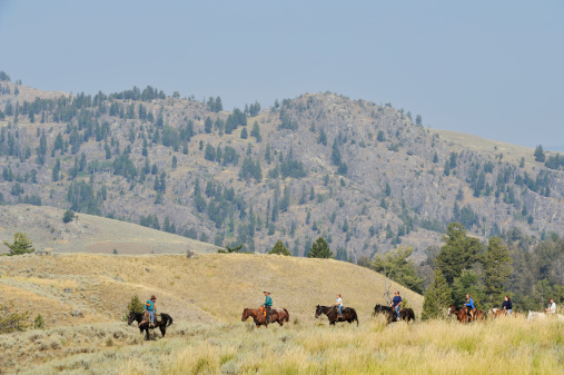 Yellowstone National Park, Wyoming, USA - September 4, 2011: Group of tourists on horseback in Yellowstone National  Park fallowing guides.