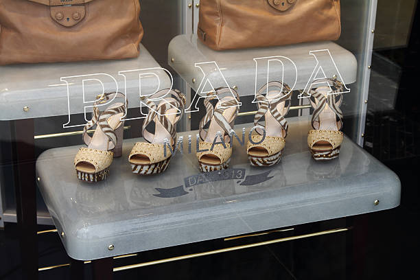 Las Vegas, Nevada, USA - May 17, 2011: A Prada store window display on the strip in Las Vegas. Elegant Prada women's shoes and handbags are on display with the Prada and Milano brand names on the store front display window.
