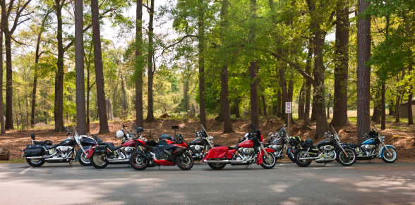 High Falls, Georgia, USA - April 9, 2011: A group of motorcycles parked at High Falls State Park with the forest as a background. Bikes include mostly cruisers Harley Davidson Softail Deluxe, Harley Davidson Street Glide, Harley Davidson SportsterXL 1200, Harley Davidson Road King, Harley Davidson Fat Boy and one sportbike Suzuki GSXR 750.