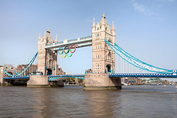 Tower bridge decorated with Olympic rings London 2012 UK "London, United Kingdom - June 28, 2012: Tower bridge decorated with Olympic rings London 2012" 2012 stock pictures, royalty-free photos & images