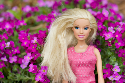 Tallinn, Estonia- May 19th, 2011. Barbie outside shot against purple flowers.