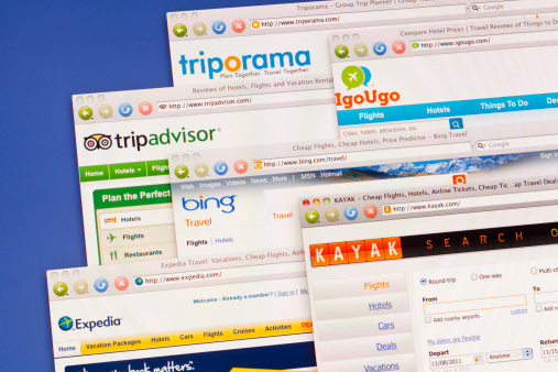 Istanbul, Turkey - October 26, 2011: Travel web sites on computer screen including Expedia, Tripadvisor, Bing Travel, Kayak, Triporama and igougo.