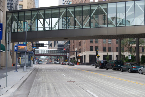 Minneapolis, MN, USA - July 30, 2010: Elevated walkways and street are empty on this cloudy day in Minneapolis, MN.