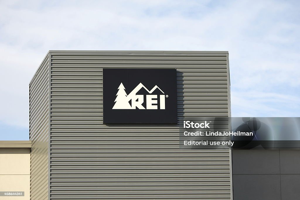 king "Westminster, U.S.A.  - December 26, 2011: Exterior of an REI retail store. The REI sign and logo in white and black are on medium gray corrugated material." Building Exterior Stock Photo