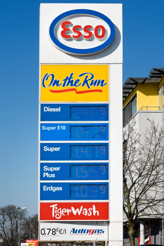 Wiesbaden, Germany - March 21, 2011: German LED Gas Station Price Board displays the prices for different kinds of fuel. Esso is a brand of The Exxon Mobil Corporation (or ExxonMobil) which is an American multinational oil and gas corporation, headquartered in Irving, Texas.
