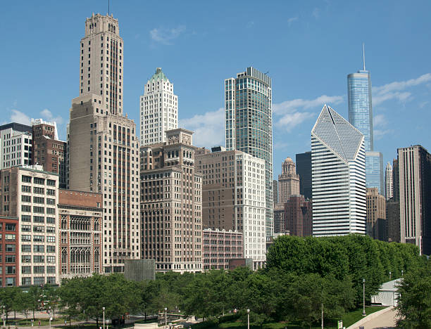Chicago cityscape from the Clarence Buckingham Memorial Fountain in Illinois USA
