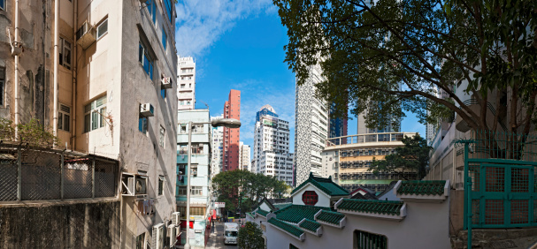 Hong Kong, China - January 18th, 2011: Looking down on Man Mo Temple from the steep steps of the appropriately named Ladder Street surrounded by the crowded cityscape of high rise apartment blocks overlooking Hollywood Road in the Sheung Wan district of Hong Kong Island. Composite panoramic image created from eight contemporaneous sequential photographs.