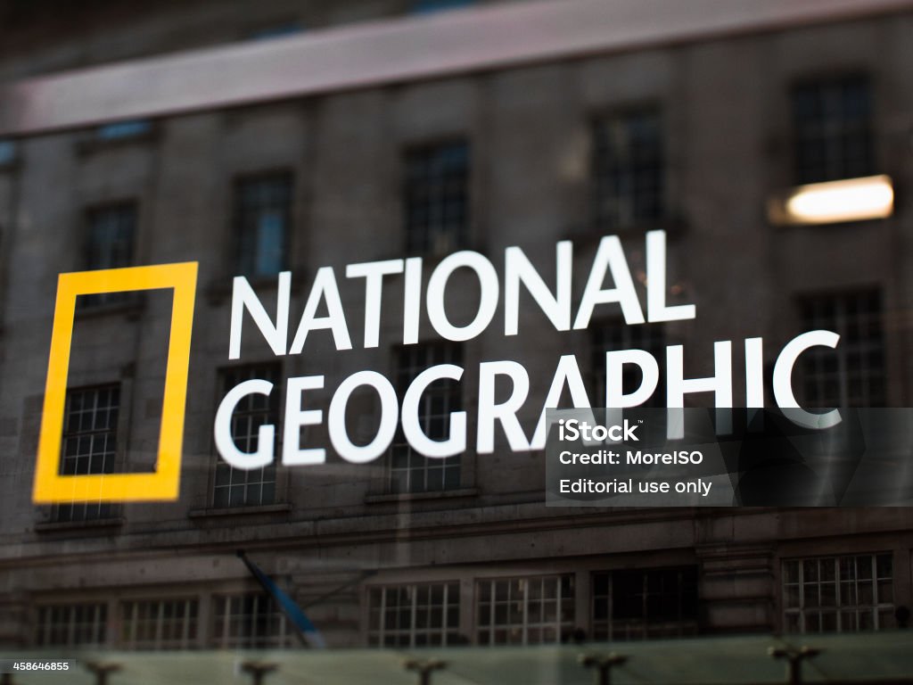 National Geographic Sign London, UK - May 2, 2011: close-up of a National Geographic sign located in Regent Street in London. Photo taken with a tilt shift lens. National Geographic Society Stock Photo