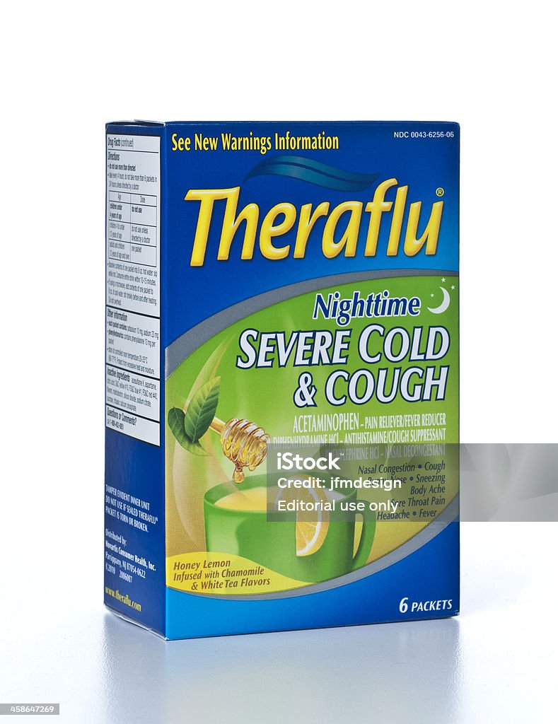 Theraflu Nighttime Severe Cold and Cough Miami, USA - November 27, 2011: Theraflu Nighttime Severe Cold and Cough 6 packets box. Theraflu is a Novartis over the counter cold and flu medicine. Comes in different formas and flavors. Cold And Flu Stock Photo