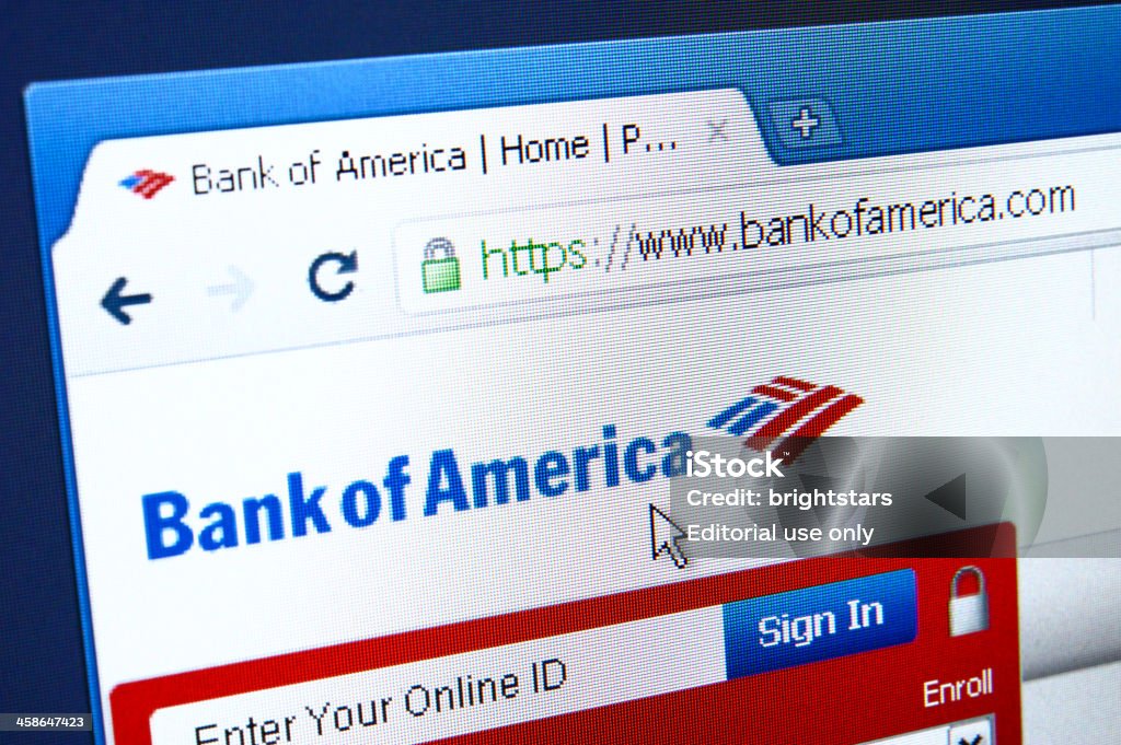 Bank of Amerika webpage on the browser Izmir, Turkey - March 30, 2011: Close up of Bank of America main page on the web browser. Bank of America is the largest bank in the United States. Bank - Financial Building Stock Photo