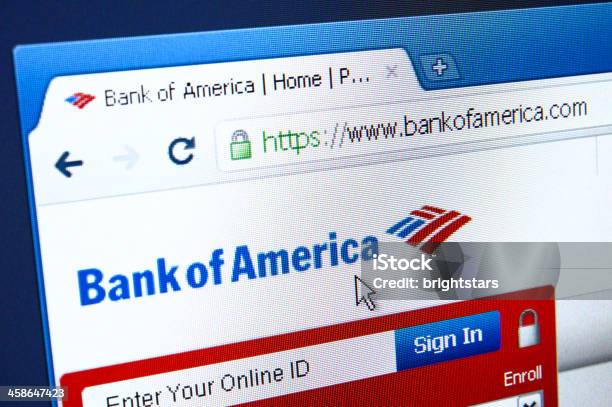 Bank Of Amerika Webpage On The Browser Stock Photo - Download Image Now - Bank - Financial Building, Bank of America, Banking