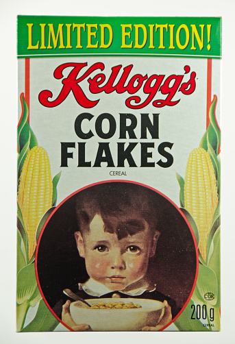 Bruce, Alberta- November 23, 2011: A box of Kellgog's Corn  Flakes box that  is a copy of an early edition of Corn Flakes. This small package is a limited edition and was put out by the Kellogg Company.