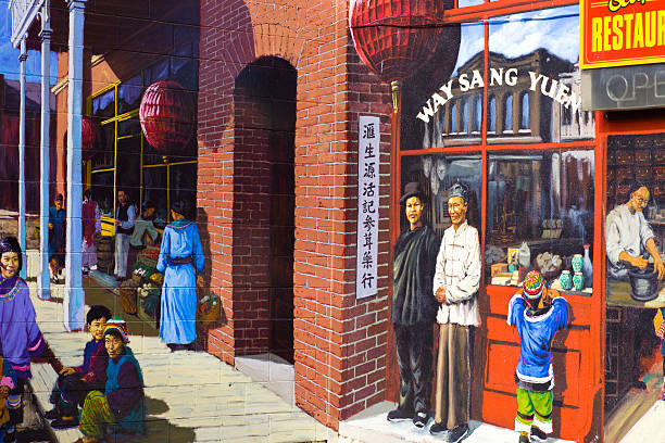 Victoria, Canada - April 19, 2009: Mural painted by Maltby depicting life in Chinatown at the turn of the  20th century, located at 512 Fisgard St. in Victoria, British Columbia, Canada.