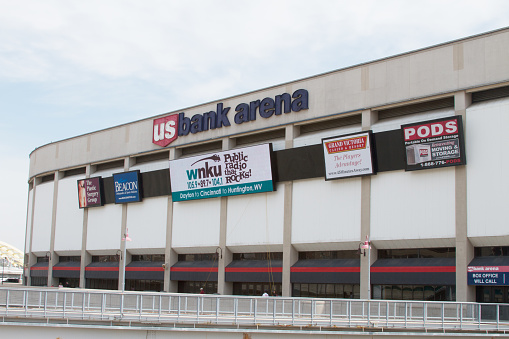 Cincinnati, Ohio, USA - April 7, 2011: Front entrance of the US Bank Arena, which is currently host of many different types of events including, basketball games, ice skating events and is also the site of the 1979 The Who concert tragedy. The building is owned by the Nederlander Organization and is located right next to the Great American Ball Park. 