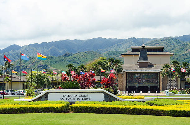 Entrance to Brigham Young University -  Hawaii campus Laie, United States - April 19, 2011: Main entrance to the Brigham Young University - Hawaii campus with sign greeting visitors stating \"Enter to learn go forth to serve\" brigham young university stock pictures, royalty-free photos & images