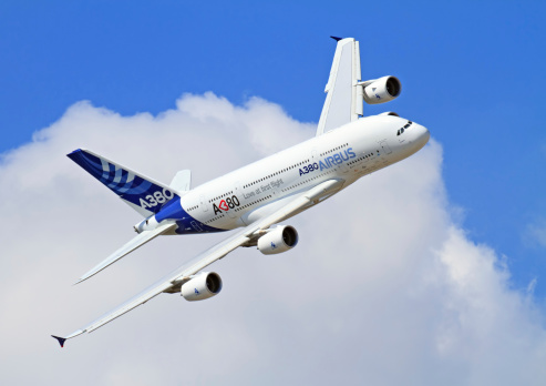 Moscow, Russia - August, 19 2011: Airbus test A380 flying at MAKS airshow