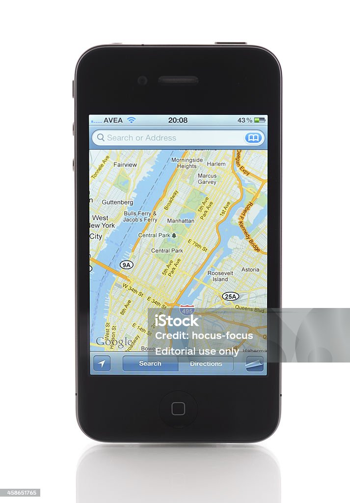 Maps application on Apple iPhone 4 Astanbul, Turkey - November 14, 2011: Apple iPhone 4 displaying Maps application.The iPhone Maps Application is allows to view and search Google Maps. The iPhone 4 is a touchscreen slate smartphone and the fourth generation iPhone, developed by Apple Inc. City Map Stock Photo
