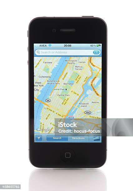 Maps Application On Apple Iphone 4 Stock Photo - Download Image Now - City Map, Google - Brand-name, Smart Phone