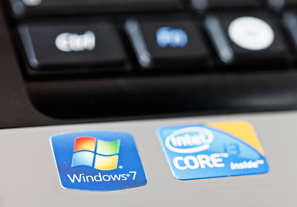 Windows and Intel stickers on new laptop computer stock photo