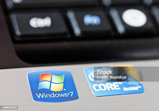 Windows And Intel Stickers On New Laptop Computer Stock Photo - Download Image Now - Windows 7, Computer, Operating System