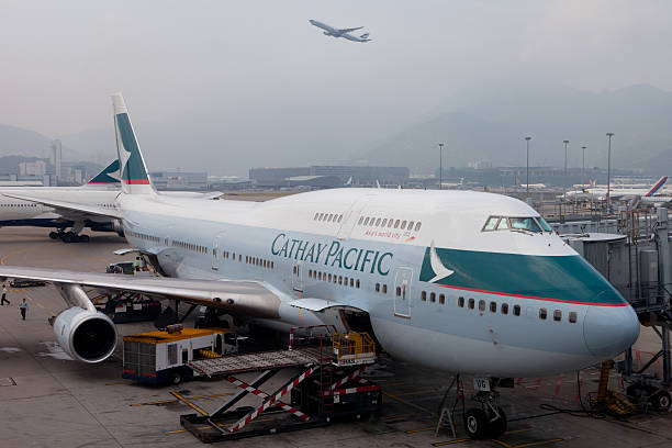 Hong Kong, China - September 7, 2011 : Boeing 747-400 airplane parking at the Hong Kong International Airport. It is a four-engine widebody commercial jet airliner. The airplane is Cathay Pacific Airways.