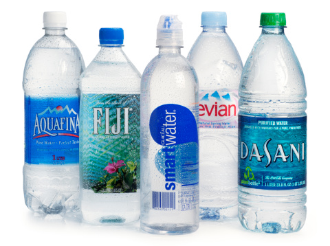 San Diego, California, United States - March 6th 2011: This is a photograph of five different major water bottle brands (Aquafina, Fiji, smart water, evian and Dasani) photographed on a white background in the studio. The plastic bottles were spritzed with water. Bottled water is the fastest growing major beverage category.