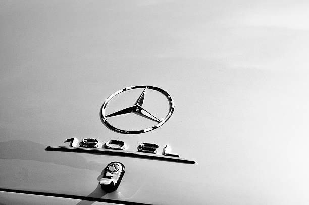 Berlin, Germany- june 09, 2018: Car design detail and  Mercedes Benz star logo / brand name closeup at Oldtimer automobile event in Berlin