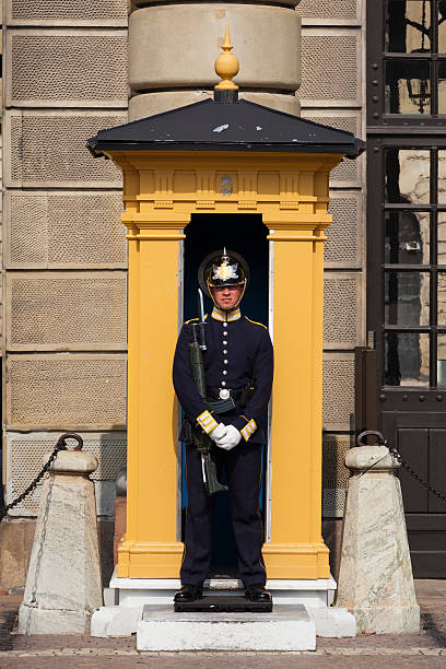 garde se dresse sur le palais royal de stockholm - stadsholmen photos et images de collection