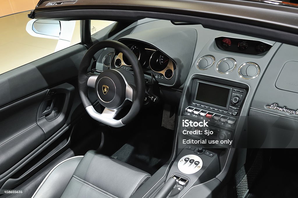 Lamborghini Gallardo Spyder open sports car interior Amsterdam, The Netherlands - April 12, 2011: Black leather interior of a Lamborghini Gallardo Spyder on display at the 2011 Amsterdam AutoRAI motorshow. The 2011 Amsterdam motorshow was running from April 12 until April 23, in the RAI event center in Amsterdam, The Netherlands. Car Stock Photo