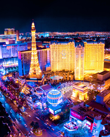 Las Vegas, Nevada, USA - November 10, 2023: Night view of Las Vegas Strip featuring Fontainebleau, Conrad, Hilton at Resorts World, Circus Circus Hotel and Casino, Guardian Angel Cathedral and more.