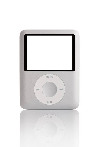 Silver iPod Nano 3th generation. Sofia, Bulgaria - June 25, 2011: Silver iPod Nano 3th generation. MP3 and video player manufactured by Apple. Front view, isolated on white background with blank screen and light reflection.  ipod nano stock pictures, royalty-free photos & images