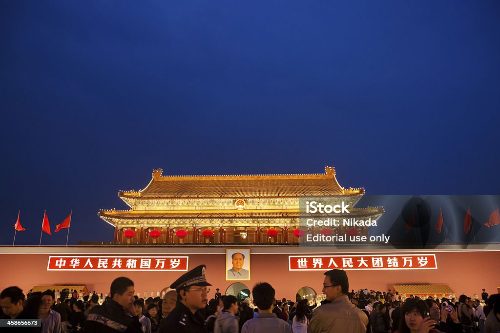 Tienanmen Gate in Beijing Beijing, China - October 07, 2009: The Entrance to the forbidden city with Portrait of Mao. People walking in front of the Gate of Heavenly Peace, Tiananmen Square, Imperial Palace. Crowded Stock Photo