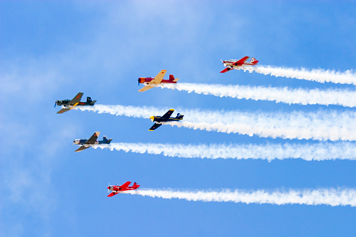 Watkins, Colorado, USA - July 24, 2007: Squadron of stunt planes fly over at the Front Range Air Show
