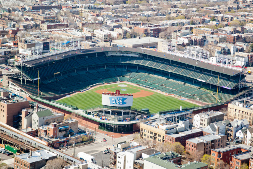 Chicago, USA - April 24, 2009: Ariel shot of Wrigley Field baseball stadium in Chicago, taken from a helicopter.  Wrigley field is the home of the Chicago Cubs.  The Cubs are part of the Central Division of Major Leagues Baseball's National League.