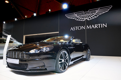 Brussels, Belgium - January 10, 2012: Black Aston Martin DBS Convertible Carbon Edition on display at the 2012 Brussels Motor Show.