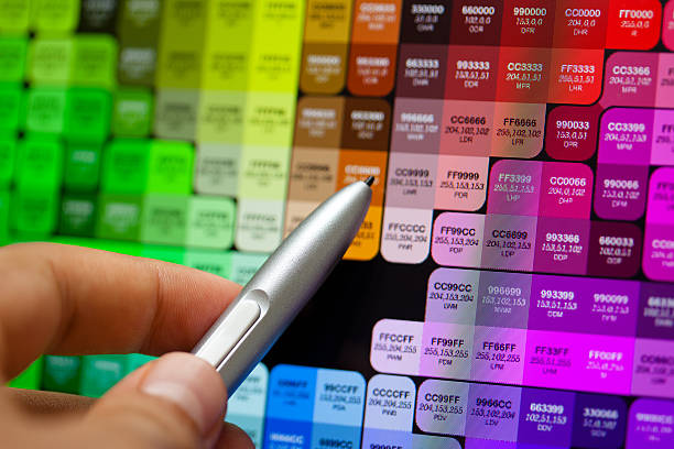 Color palette on a bright colored background. Color palette guide. paper catalog of rainbow color. creative.Palette, samples of trending colors. Color swatches. Decor and interior designer. Top view.