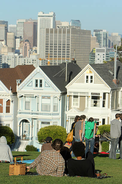 04/23/2019; San Francisco, California, United States.The intersection between Columbus avenue and Stockton street, the edges from Little Italy and Chinatown, Transamerica Pyramid and Salesforce Tower on background.