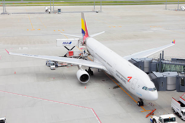 Tokyo, Japan - May 31, 2011: Service personnel load cargo and restock catering supplies on an Airbus A330 registered to Asiana Airlines parked at a gate at Tokyo International Airport. Commonly known as Haneda Airport, Tokyo International Airport is one of the two primary airports serving the Greater Tokyo Area. It is located in Ota, Tokyo, 14 km south of Tokyo station.