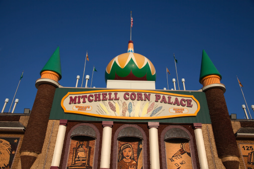 Mitchell, South Dakota, USA - September 18, 2011: Mitchell's Corn Palace in Mitchell, SD is decorated fresh every year with a new design. The mosaics on the outside are made of various naturally colored corn cobs, husks, tassels, and stalks. The theme for 2011 is 