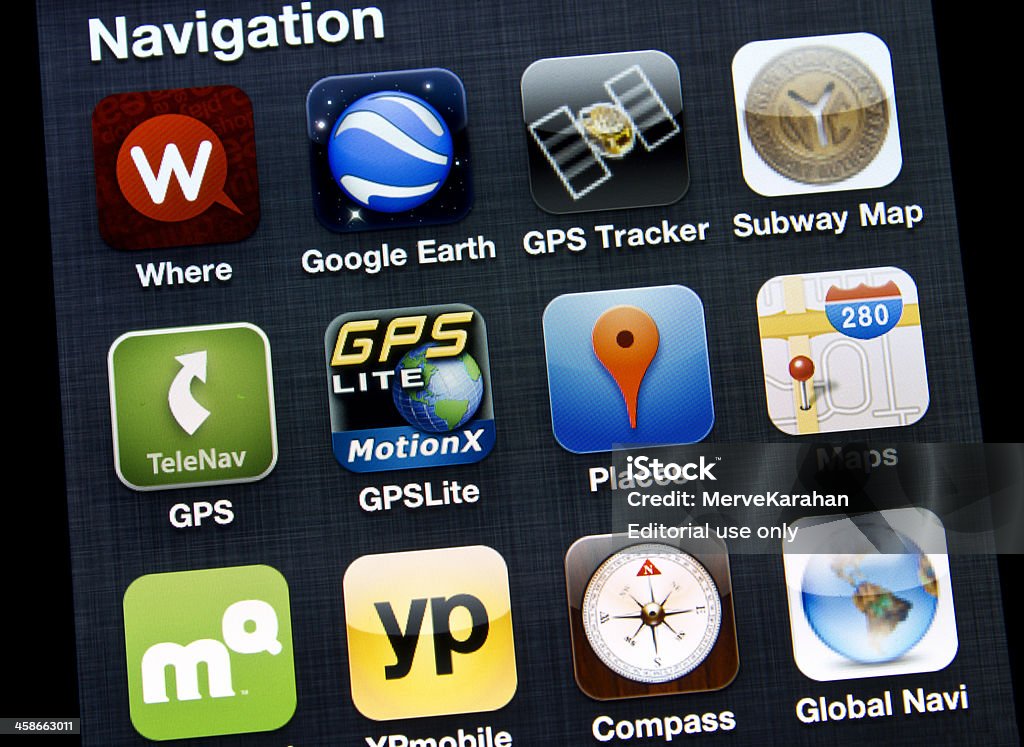 Applications of Navigation Istanbul, Turkey - August 22, 2011: Apple Iphone 4 screen with navigation applications of Google Earth, Compass, GPS, Compass, Maps, Subway map, Google Places, GPS Tracker, Yellow Pages and Where. Google Earth Stock Photo