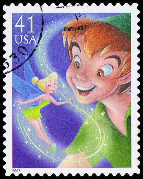 usa peter pan und die tinker bell briefmarke - postage stamp correspondence postmark macro stock-fotos und bilder