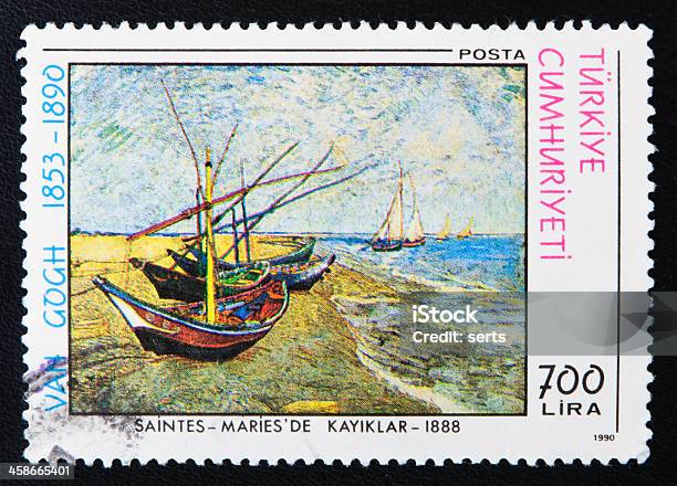 Postage Stamp Fishing Boats On The Beach At Saintesmaries Stock Photo - Download Image Now