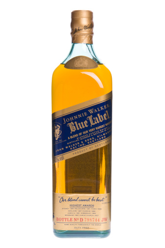 Montreal, Canada - October 15, 2011: 750 ml bottle of Johnnie Walker Blue Label whisky, product of Scotland. Studio shot over white background.