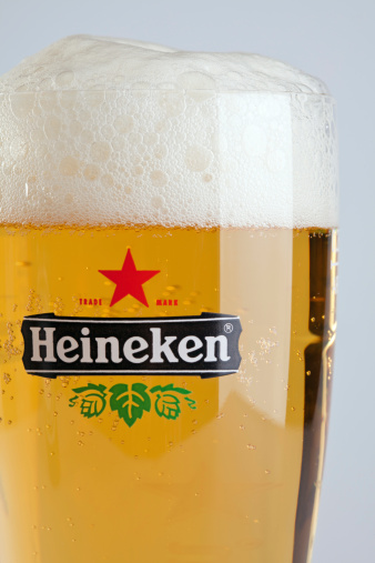 Ljubljana, Slovenia - March 13, 2011: A closeup of Heineken beer glass