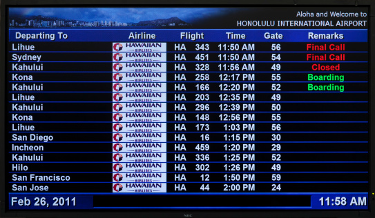 Honolulu, Hawaii, USA - February 26, 2011: This closeup photograph of an airline flight status monitor at the Hawaiian Airlines Inter Island Airport Terminal in Honolulu shows the status of departing flights from Honolulu to other locations as of 11:58 AM on February 26th 2011.