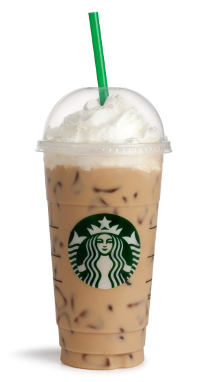 San Diego, California, United States - March 17th 2011:This is a photo taken in the studio on a white background of a venti caramel frappucino drink with whip cream on top. The plastic container has a lid to prevent spills. Starbucks just released a new logo on March 8th 2011 to commemorate their 40th anniversary.