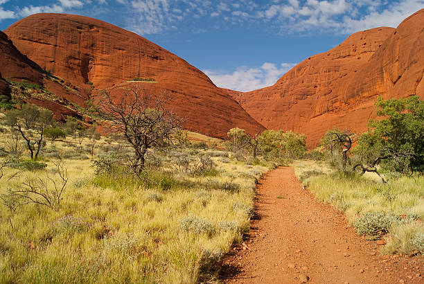 Uluru-Kata Tjuta National Park, Northern Territory, Australia - April 14, 2011: A red sand path leads towards the Kata Tjuta, which are also known as the Olgas. A popular side trip for tourists visiting the better known Uluru, they are a group of domed rock formations which are just as spectacular in their own right.