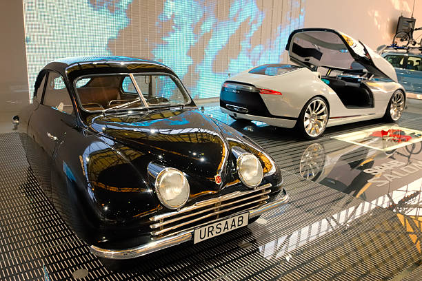 Zwickau, Germany - August 20, 2023: Horch 12/28 HP Type K and Audi 10/28 HP Type B Phaeton, 1911, the early car models produced by Horch in in August Horch museum in Zwickau.